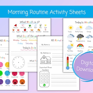Morning Routine, Printable calendar, weather, address, phone number, date and time practice, morning activities