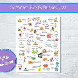 Może przedstawiać: Biała lista rzeczy do zrobienia na wakacje z kolorowymi ilustracjami i tekstem. Lista zawiera takie czynności jak kemping, robienie s'mores i pójście na plażę. Fioletowe koło z napisem "Digital Download" znajduje się po lewej stronie.