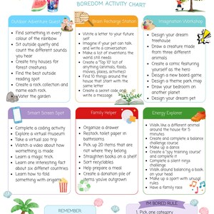 May include: A Summer Boredom Activity Chart featuring six colorful sections: Outdoor Adventure Quest, Brain Recharge Station, Imagination Workshop, Smart Screen Spot, Family Helper, and Energy Explorer, with illustrations of a sun, drink, tree, and beach items.