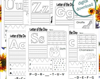Könnte beinhalten: Schwarz-weiße druckbare Arbeitsblätter zum Erlernen des Alphabets. Jedes Arbeitsblatt zeigt einen Buchstaben des Tages, das Üben des Schreibens des Buchstabens und ein Bild eines Tieres, das mit diesem Buchstaben beginnt. Zu den Tieren gehören ein Einhorn, ein Pinguin, eine Giraffe, ein Faultier und ein Chamäleon.