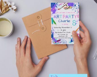 May include: A colourful invitation for an art party for Charlie's 8th birthday. The invitation features paint splatters, paintbrushes, and art supplies. The party is on Saturday, 2nd November from 1-4 pm at NorthWest Art Studio. RSVP to 555-555-5334.