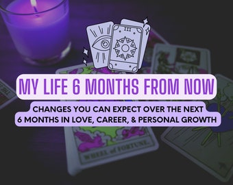 Puede incluir: Cartas de tarot con una vela morada y el texto "My Life 6 Months From Now" y "Changes You Can Expect Over The Next 6 Months In Love, Career, & Personal Growth".