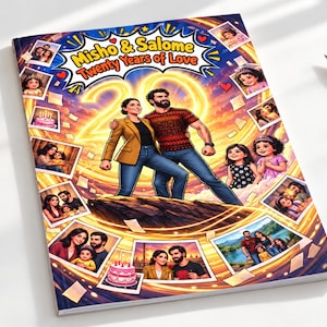 以下が含まれることがあります： 光り輝く数字の20を背景に、岩の上に立つカップルが中央に描かれた長方形のフォトブックの表紙。テキストには「Misho & Salome Twenty Years of Love」と書かれています。デザインには、カップルや子供たちの小さな写真が複数フレームに入れられています。