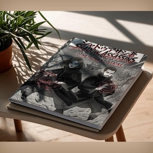 Premium custom manga comic book resting on a table, authentic black and white japanese anime gift