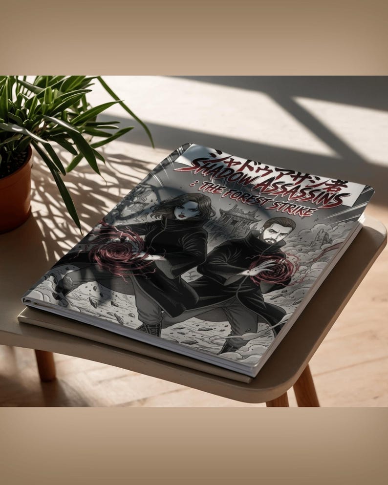 Premium custom manga comic book resting on a table, authentic black and white japanese anime gift