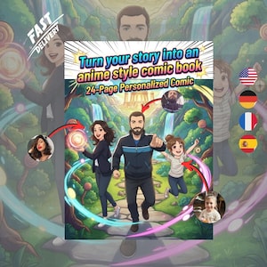 Può includere: Copertina di fumetto in stile anime con la scritta "Trasforma la tua storia in un fumetto in stile anime". La copertina presenta una famiglia di tre persone in un colorato paesaggio fantasy. Sono visibili anche le parole "Fumetto personalizzato di 24 pagine".