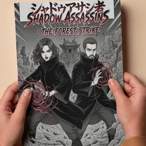 Physical printed A4 size personalized manga comic book featuring shadow assassins custom portrait.