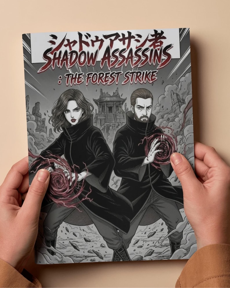 Physical printed A4 size personalized manga comic book featuring shadow assassins custom portrait.