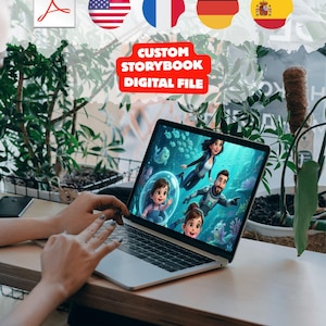 May include: A laptop displays a colorful digital illustration of an underwater scene with cartoon characters. The image is labeled "CUSTOM STORYBOOK DIGITAL FILE" with flags of the USA, France, Germany, and Spain. A PDF icon is in the upper left corner.