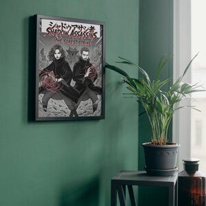 Custom manga room decor framed personalized anime poster print hanging on a green wall with a plant.
