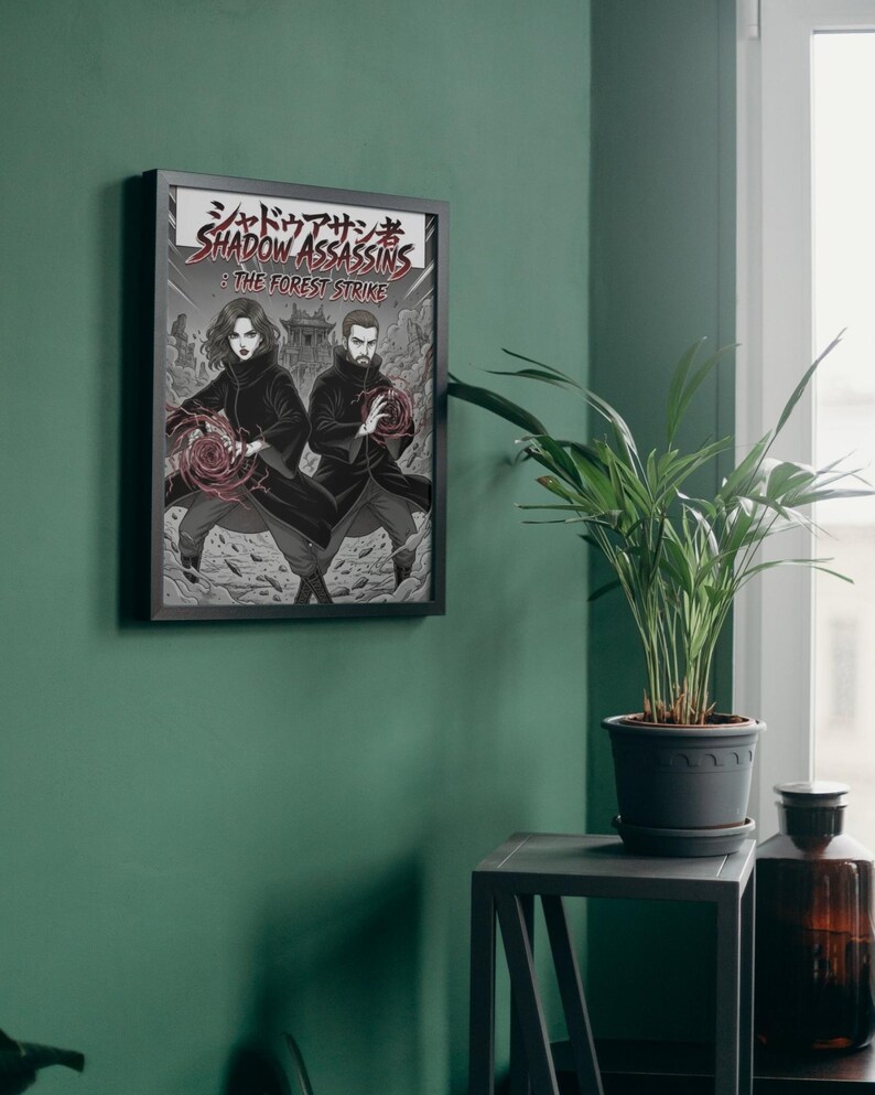 Custom manga room decor framed personalized anime poster print hanging on a green wall with a plant.