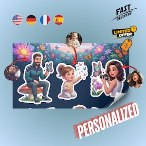 May include: A sheet of personalized stickers featuring cartoon illustrations of people and butterflies. The stickers have a floral background with the words "FAST DELIVERY", "LIMITED OFFER", and "PERSONALIZED".