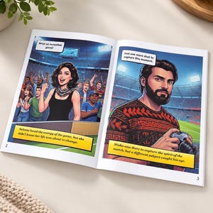 May include: An open book showing two illustrated pages of a comic. The left page features a woman cheering in a stadium with the text 'What an incredible game!' and 'Salome loved the energy of the game, but she didn't know her life was about to change.'