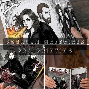 Inside pages of a custom manga comic book showing detailed black and white dark fantasy action scenes.