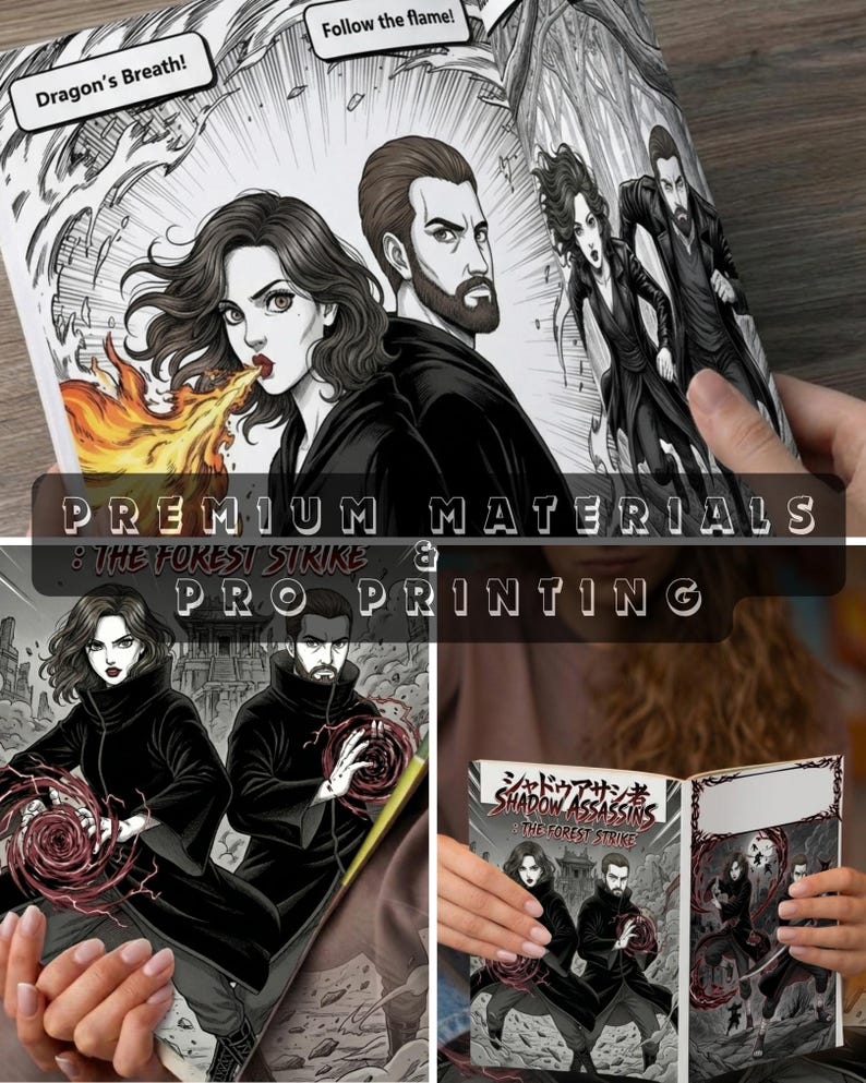 Inside pages of a custom manga comic book showing detailed black and white dark fantasy action scenes.