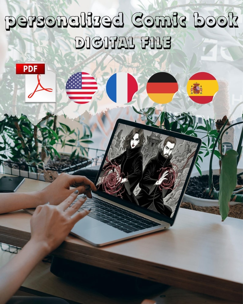 Digital print custom manga comic book PDF format being viewed on a laptop screen