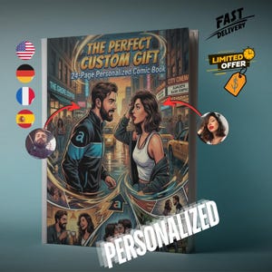 Op de afbeelding: Een gepersonaliseerd stripboek getiteld "THE PERFECT CUSTOM GIFT" met een stel op de cover. De cover art toont een stadsgezicht met de tekst "24-Page Personalized Comic Book". Het woord "PERSONALIZED" wordt onderaan weergegeven.