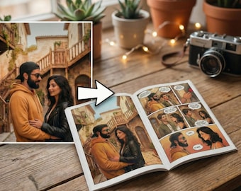 Cómic personalizado para pareja / Regalo de aniversario con historia de amor personalizada / Retrato familiar de superhéroe a partir de una foto / Libro de tapa dura o digital