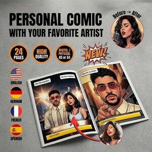 May include: A comic book with a personalized design featuring a favourite artist. The cover displays the text "PERSONAL COMIC WITH YOUR FAVORITE ARTIST", "24 PAGES", "HIGH QUALITY", and "DIGITAL/PHYSICAL A5 OR A4". The comic book has a "NEW!" sticker.