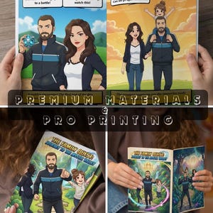 Può includere: Un libro intitolato "The Family Quest: Journey to the Mystic Valley" è tenuto aperto, mostrando illustrazioni colorate di una famiglia. La copertina presenta un uomo e un bambino. Le pagine aperte mostrano avventure familiari.