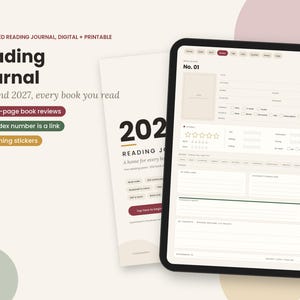 May include: A digital reading journal displayed on a tablet screen alongside a printable version. The interface features book review templates, star ratings, and navigation tabs. Text includes Reading Journal, 2026 and 2027, and No. 01.