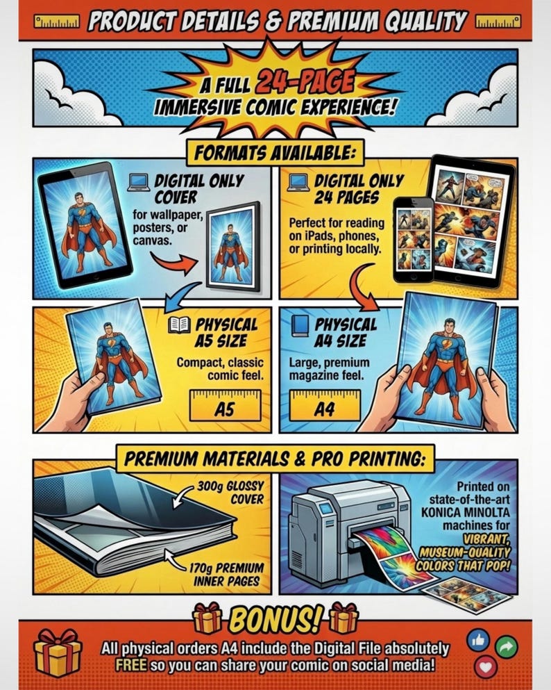 Product details showing premium 300g glossy cover and 170g inner pages for custom manga book.