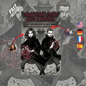 Custom manga couple portrait personalized authentic japanese black and white comic book cover on a table."