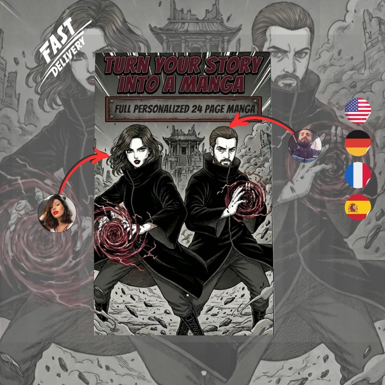 Custom manga couple portrait personalized authentic japanese black and white comic book cover on a table."