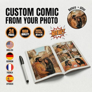 Puede incluir: Un cómic abierto con una ilustración personalizada de una pareja, junto a un rotulador negro. La portada dice "CUSTOM COMIC FROM YOUR PHOTO". El texto adicional incluye "24 PAGES", "HIGH QUALITY" y "DIGITAL/PHYSICAL A5 or A4".