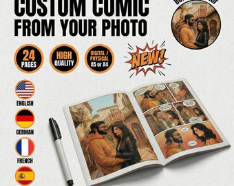 Cómic personalizado de 24 páginas a partir de fotos, vista previa de la historia y los personajes, impresión de alta calidad en formato A5/A4, versión digital disponible.