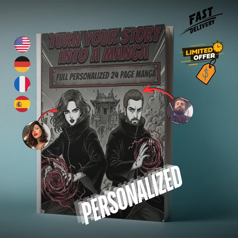 Custom manga character transformations from real photos for a personalized japanese anime comic.