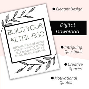 Op de afbeelding: Zwart-witte printbare werkblaad met de tekst "Bouw je alter ego" en de quote "Word de onverslaanbare jij. Activeer je ware zelf en leef je leven met het grootste potentieel." De werkblaad heeft een eenvoudig zwart-wit bloemenmotief.