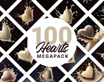 100 Heart White Chocolate Splash Photo MEGAPACK | Illustrations Printable Instant Download Commercial Use