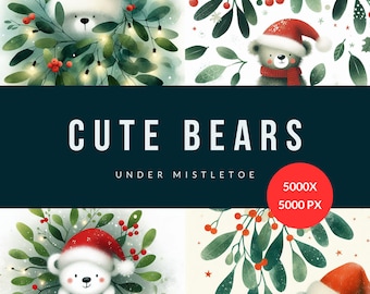 24 Watercolor Christmas Bear Illustrations | 5000x5000px JPGs | Cute Bears with Santa Hats & Mistletoe | DIGITAL DOWNLOAD
