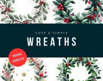 80 Watercolor Christmas Wreath Illustrations | 5000x5000px JPGs | Mistletoe & Red Berries | DIGITAL DOWNLOAD