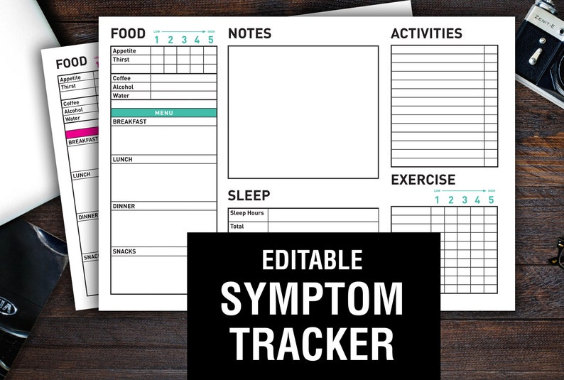May include: A stack of white symptom tracker sheets with sections for food, notes, activities, exercise, and sleep. The sheets have a black and white design with teal accents and the text "EDITABLE SYMPTOM TRACKER" in a black rectangle.