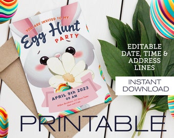 EDITABLE Easter Egg Hunt Party Invitation | Cute watercolor white rabbit colorful decorated eggs | 5x7in | PRINTABLE | Instant Download