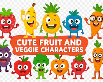 Cute Fruit and Veggie Clipart PNG Pack – Funny Cartoon Characters, Kawaii Food Stickers, Kids Birthday Art, Classroom Printables