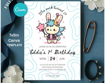 Editable Punk Bunny Birthday Invitation | Cute Kawaii 1st Birthday Party Invite | Printable Canva Template for Kids, 7x5 in