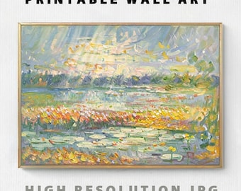 Impressionist style summer field water lilies landscape painting wall art printable *DIGITAL DOWNLOAD* jpg