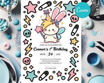 Editable Punk Bunny Birthday Invitation | Kawaii Rock Star Party Invite Template | Printable Canva Birthday Card, 7x5 in