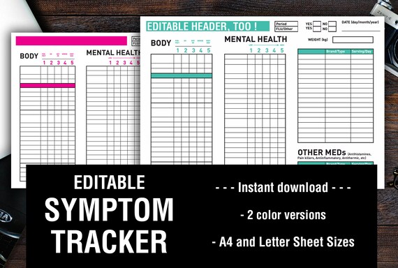 BLANK Universal SYMPTOM TrackerR | Fully EDITABLE - Header too! |pdf| Adobe Reader