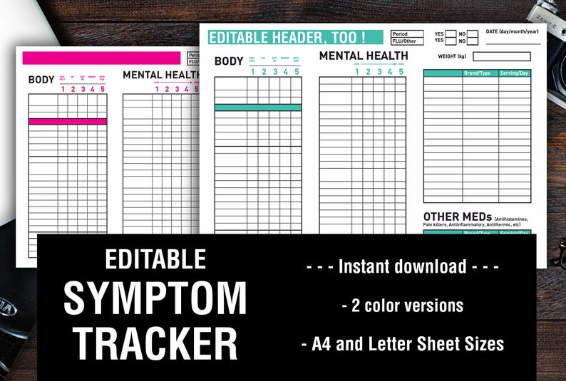May include: A printable symptom tracker with pink and teal accents. The design includes sections for body and mental health, with a rating scale. The text "Editable Symptom Tracker" is displayed prominently, along with "Instant download" and size options.