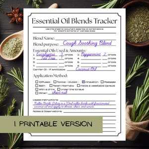 Könnte beinhalten: Druckbarer Arbeitsbogen zum Verfolgen von ätherischen Ölmischungen. Der Arbeitsbogen enthält Abschnitte für den Namen der Mischung, den Zweck, die verwendeten ätherischen Öle und Mengen, das Trägeröl, die Anwendung, die Gebrauchsanweisung und Notizen und Beobachtungen. Der Arbeitsbogen trägt den Titel "Essential Oil Blends Tracker".