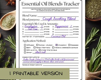Essential Oil Blends Tracker | Digital Printable and Fillable PDF | Aromatherapy Recipe Log for DIY Blends & Wellness | System
