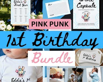 Pink Punk 1st Birthday Party Bundle - Editable Canva Templates | Instant Download | Baby's First Birthday Set | Unisex Blue & Pink Theme