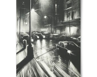 Charcoal drawing of a street view at night  Giclée Fine Art - Portrait | PhotoRag Bright White