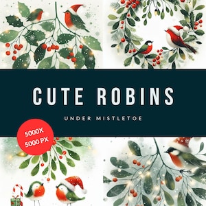 60 Ilustrações de Robin de Natal em aquarela | JPGs de 5000x5000px | Robins festivos com chapéus de Papai Noel e visco | DOWNLOAD DIGITAL