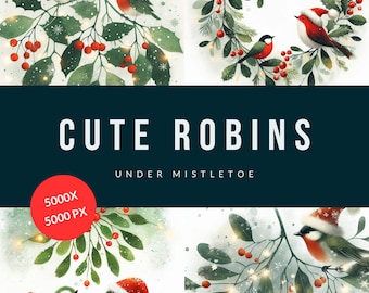 60 Watercolor Christmas Robin Illustrations | 5000x5000px JPGs | Festive Robins with Santa Hats & Mistletoe | DIGITAL DOWNLOAD