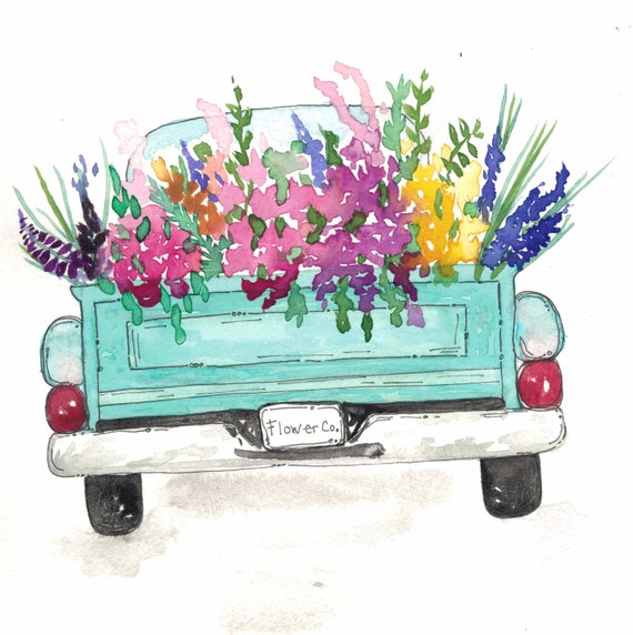 Flower Truck Vintage Truck Painting Watercolor Print Spring Etsy